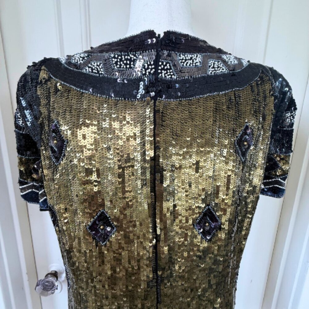 FRENCH CONNECTION Carnival Sequin Black Gold Short Sleeve Top Size 10 - Picture 7 of 16